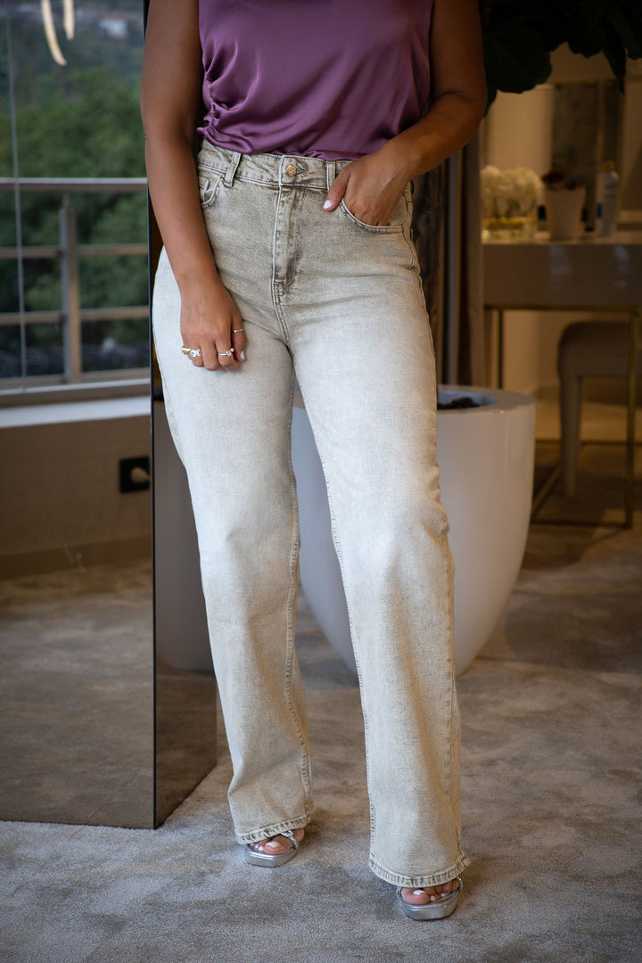CALÇA JEANS BEGE WIDE LEG RINASCIMENTO