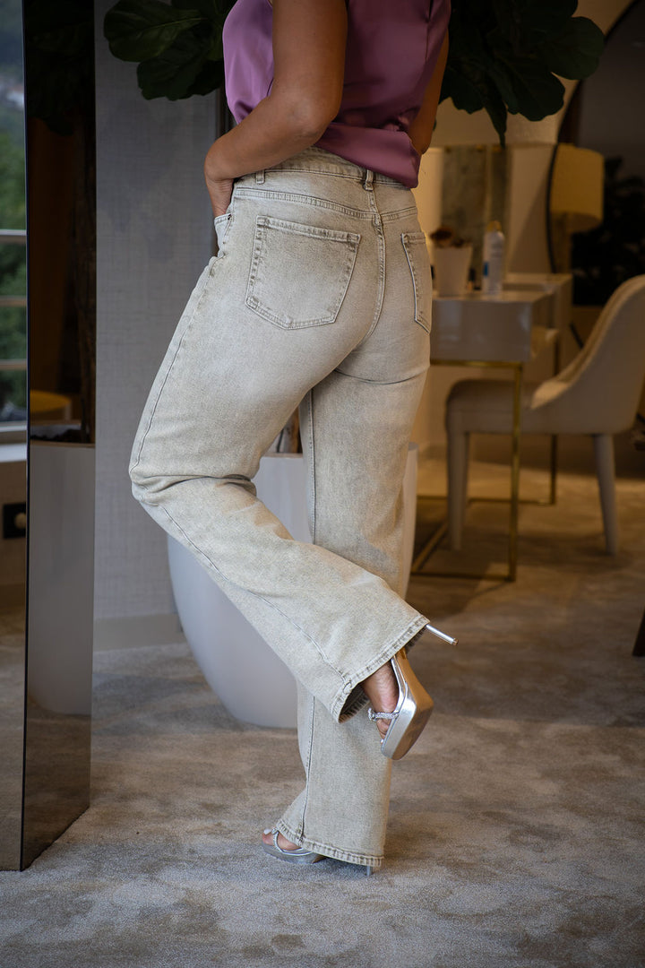 CALÇA JEANS BEGE WIDE LEG RINASCIMENTO