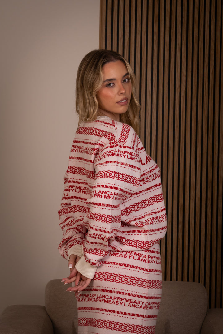 CAMISOLA TRICOT VERMELHA E BRANCA COM LOGO LANÇA PERFUME
