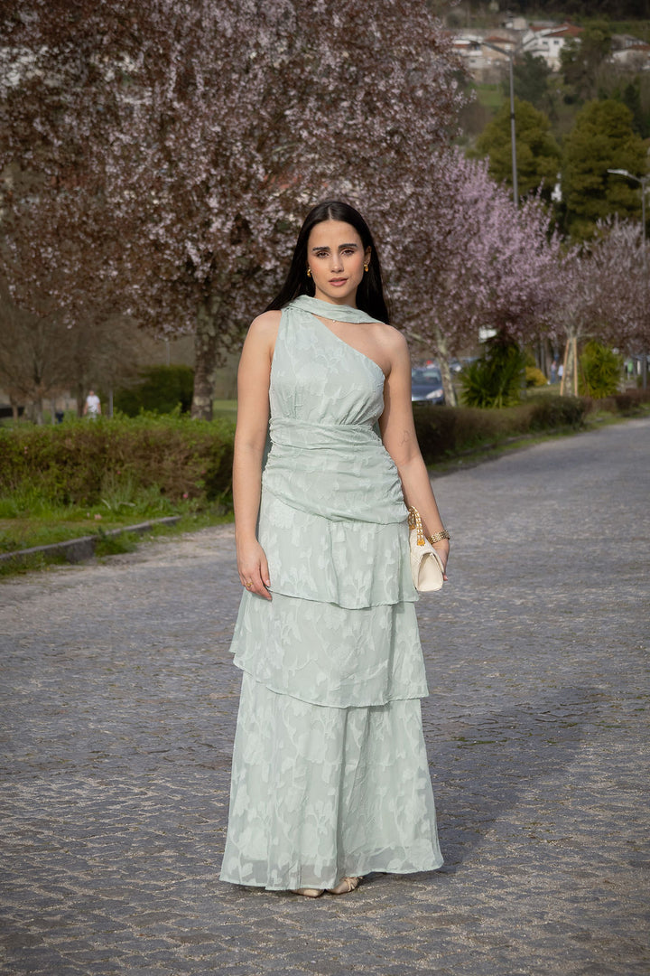 VESTIDO VERDE ÁGUA ASSIMÉTRICO COM FOLHOS PONTO CHIC