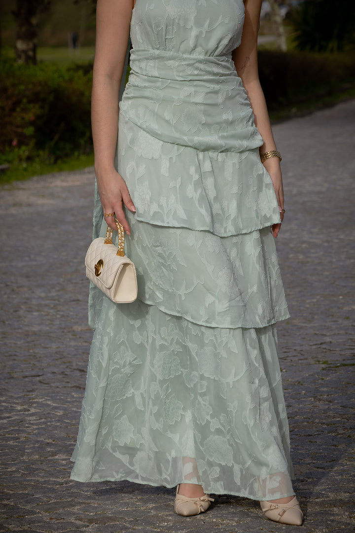 VESTIDO VERDE ÁGUA ASSIMÉTRICO COM FOLHOS PONTO CHIC