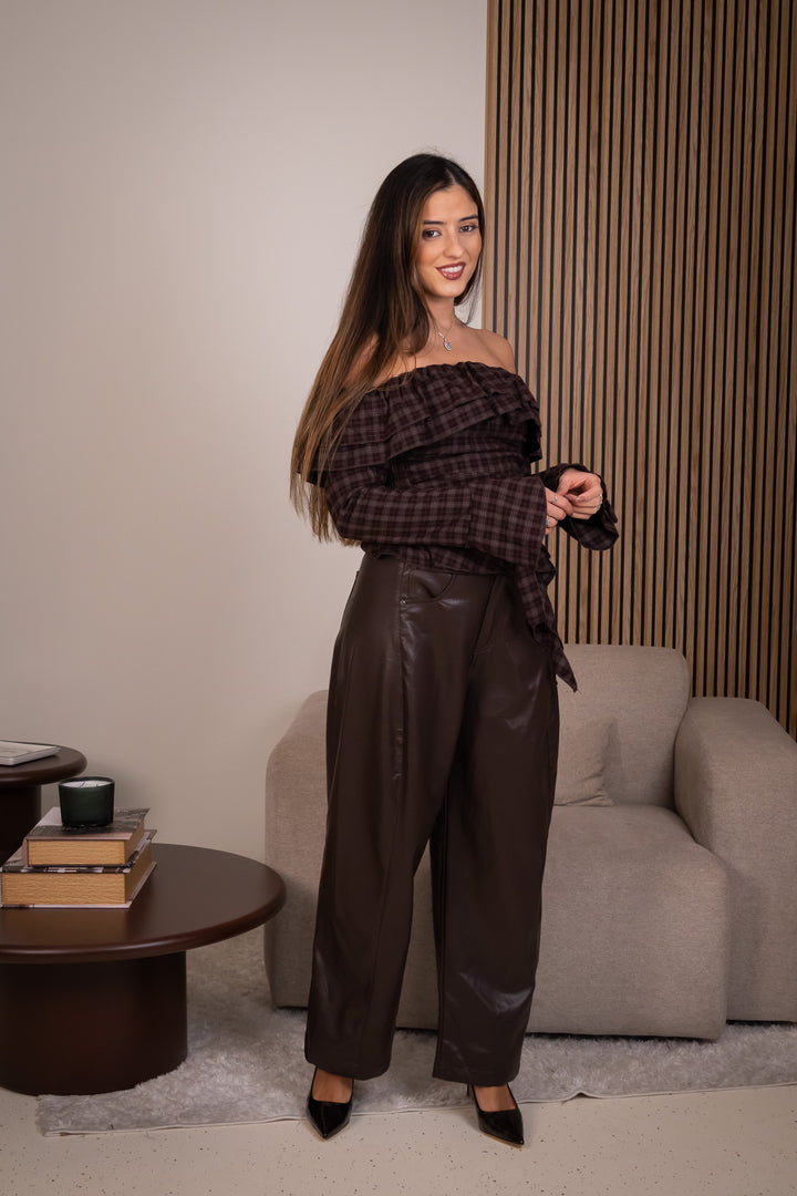 CAMISOLA CASTANHA COM PADRÃO XADREZ PONTO CHIC