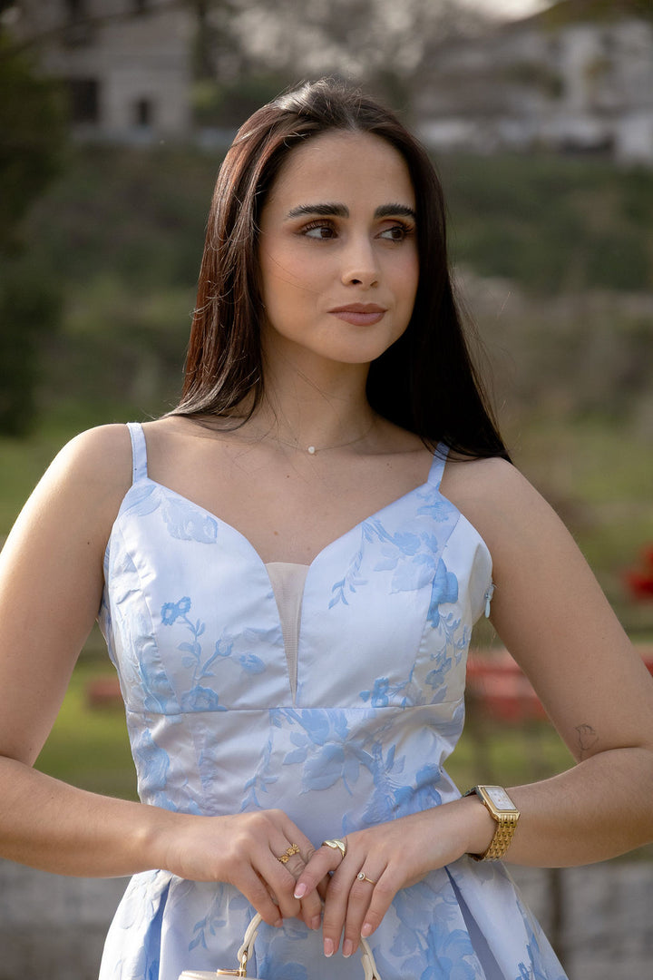VESTIDO AZUL COM PADRÃO FLORAL RINASCIMENTO