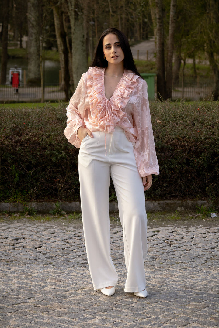 BLUSA ROSA COM FOLHOS E MANGA FLUIDA PONTO CHIC