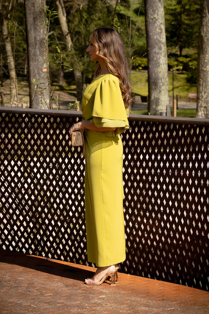 VESTIDO MIDI VERDE OLIVA COM NÓ FRONTAL PONTO CHIC