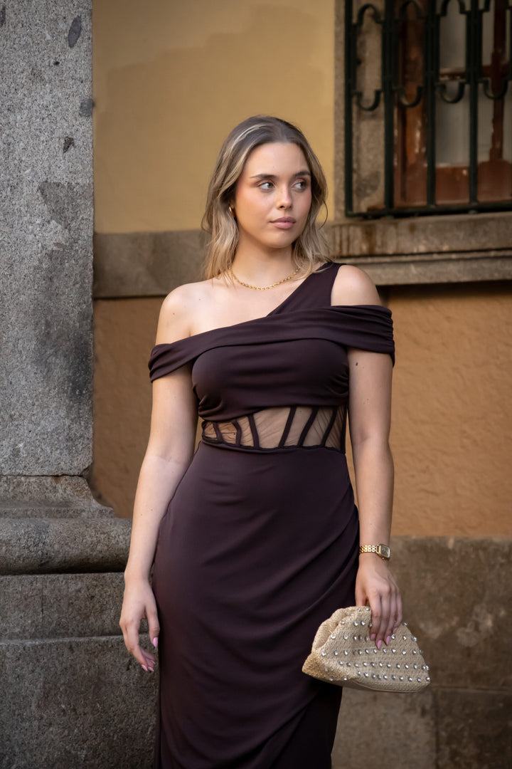 VESTIDO CASTANHO SAIA DRAPEADA PONTO CHIC