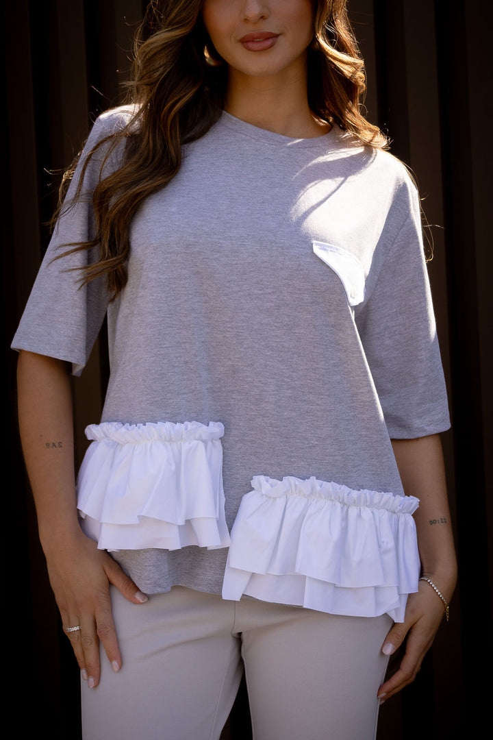 T-SHIRT CINZA COM FOLHOS DIXIE