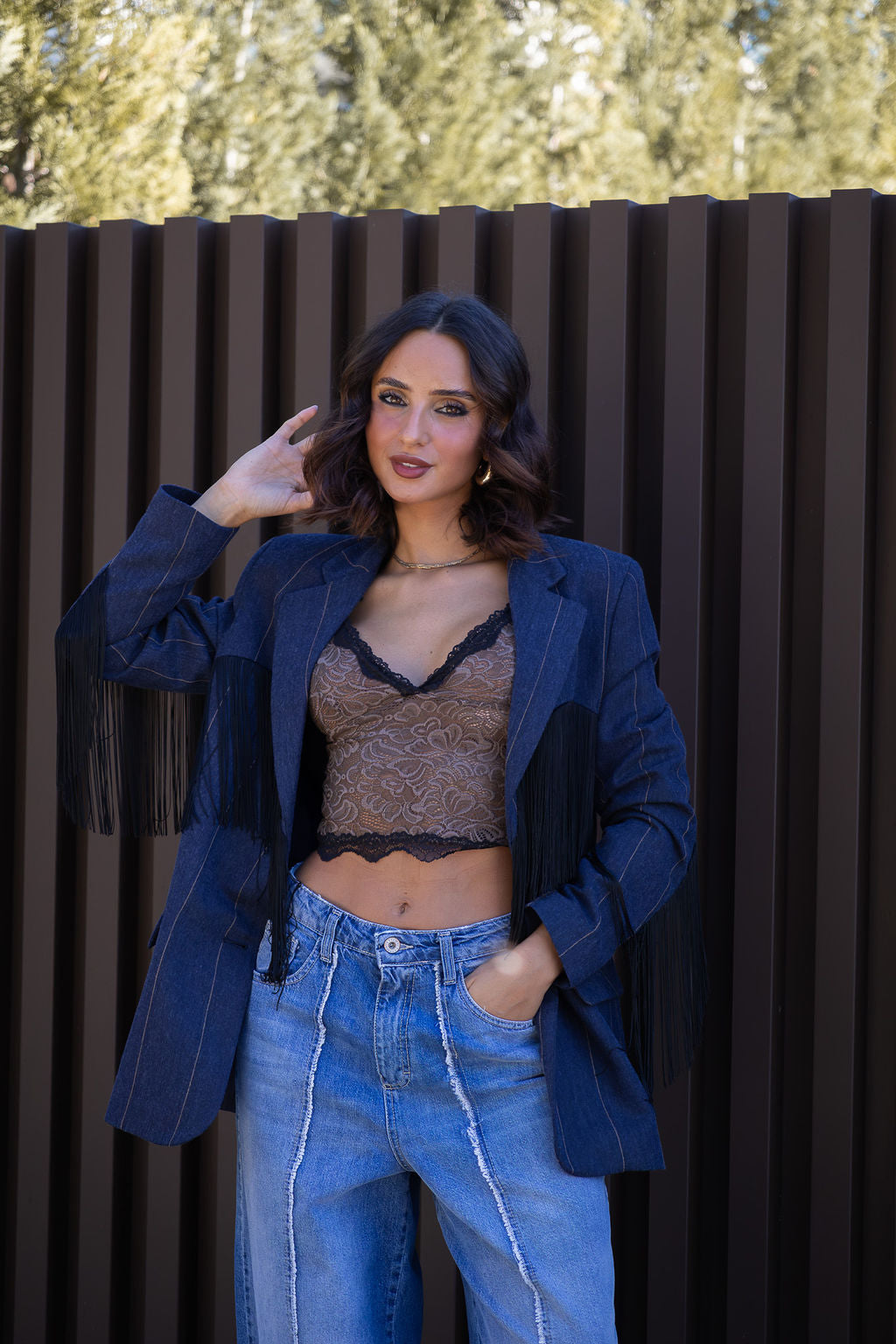 BLAZER AZUL DENIM ÀS RISCAS COM FRANJAS DIXIE