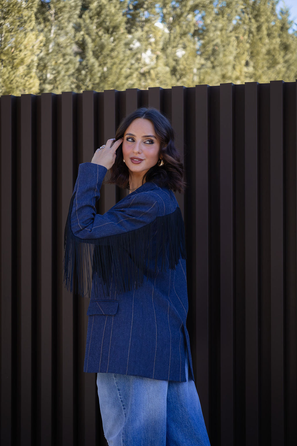 BLAZER AZUL DENIM ÀS RISCAS COM FRANJAS DIXIE