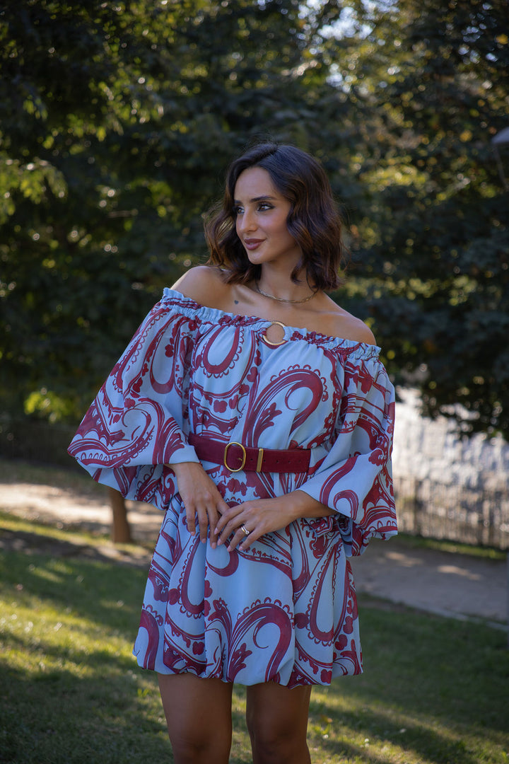 VESTIDO AZUL ESTAMPADO COM DECOTE CAI-CAI SAHOCO