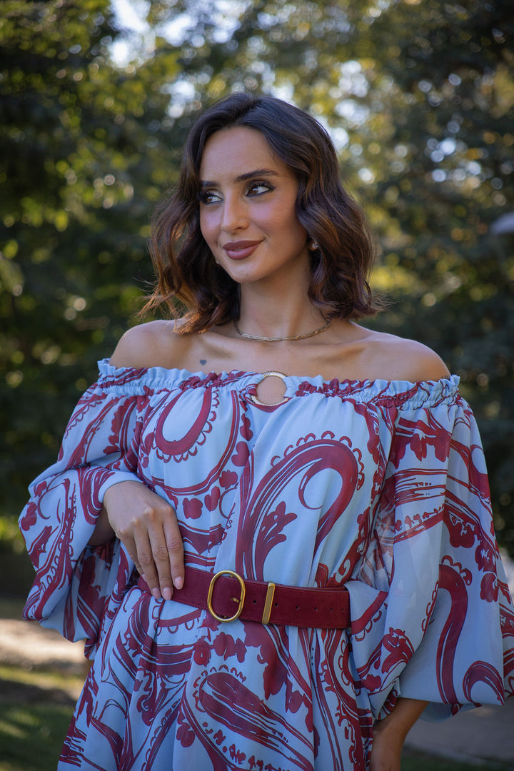 VESTIDO AZUL ESTAMPADO COM DECOTE CAI-CAI SAHOCO