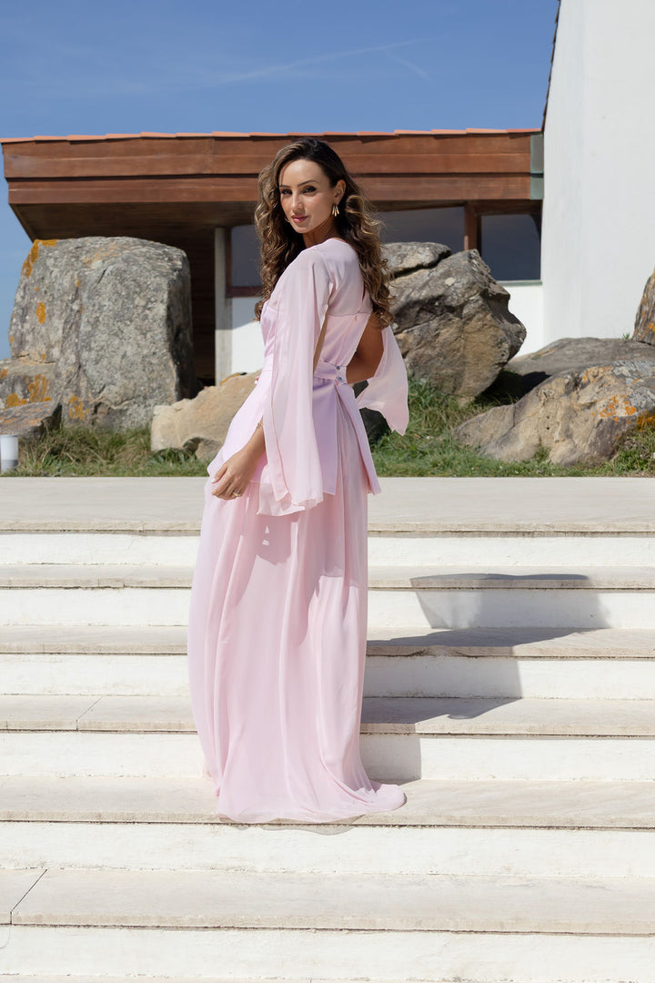 VESTIDO COMPRIDO ROSA COM PARTE SUPERIOR ESTRUTURADA PONTO CHIC