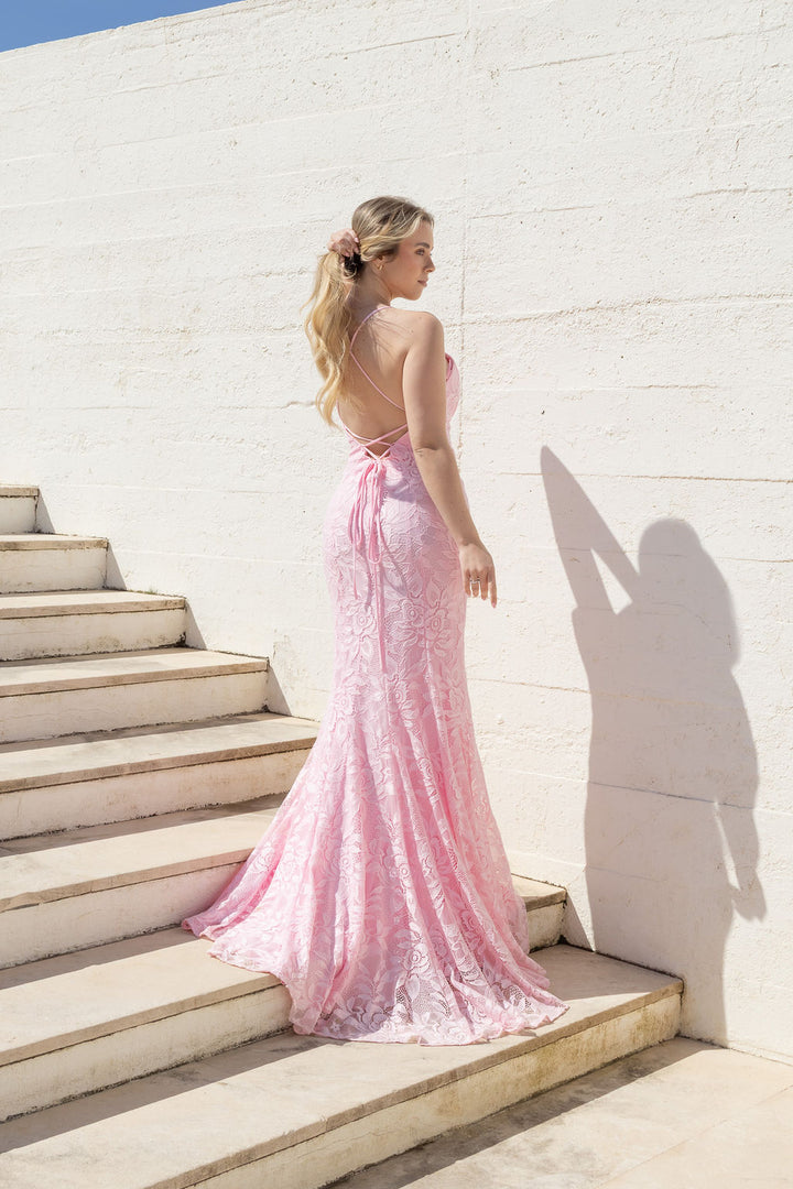 VESTIDO COMPRIDO ROSA RENDADO PONTO CHIC