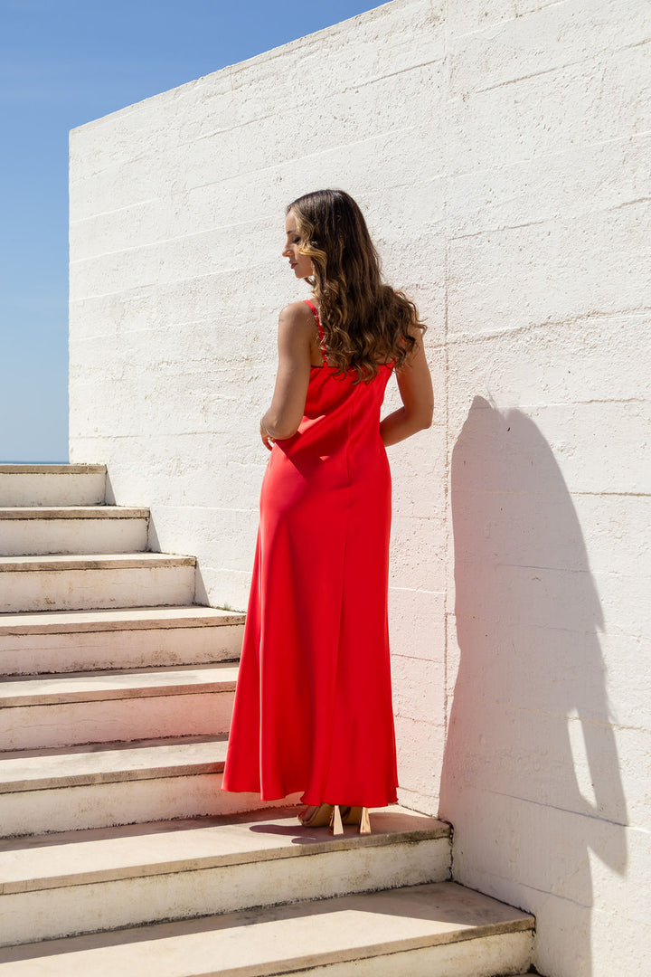 VESTIDO LONGO VERMELHO DE CETIM RINASCIMENTO