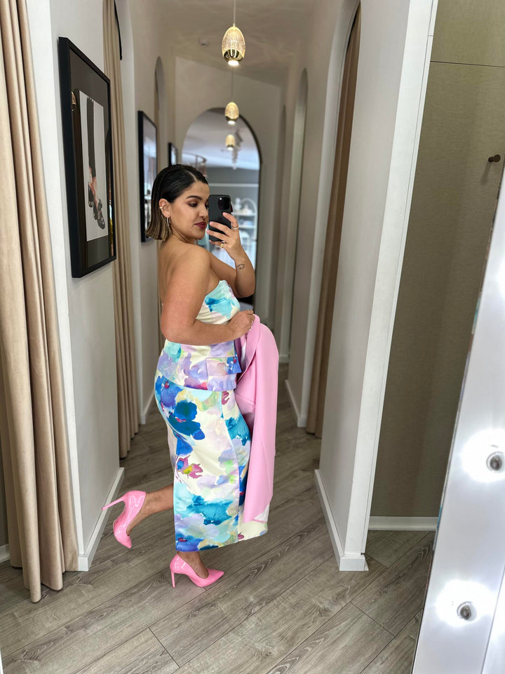 SAIA MIDI MULTICOLORIDA COM ESTAMPA AQUARELADA RINASCIMENTO