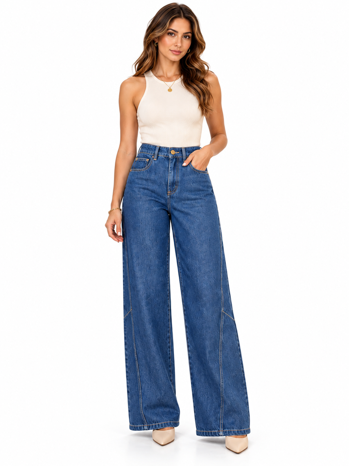 CALÇA DE GANGA AZUL COM LAVAGEM E PERNA LARGA LANÇA PERFUME