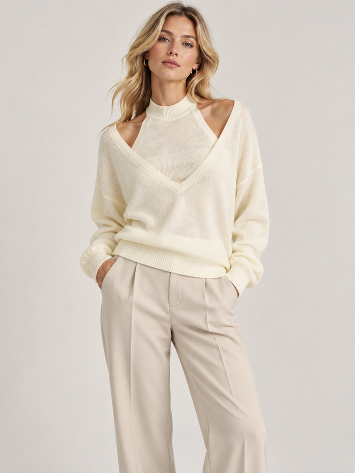 CONJUNTO DE MALHA BEGE COM CAMISOLA DE MEIA GOLA E CAMISOLA DE DECOTE EM V PONTO CHIC