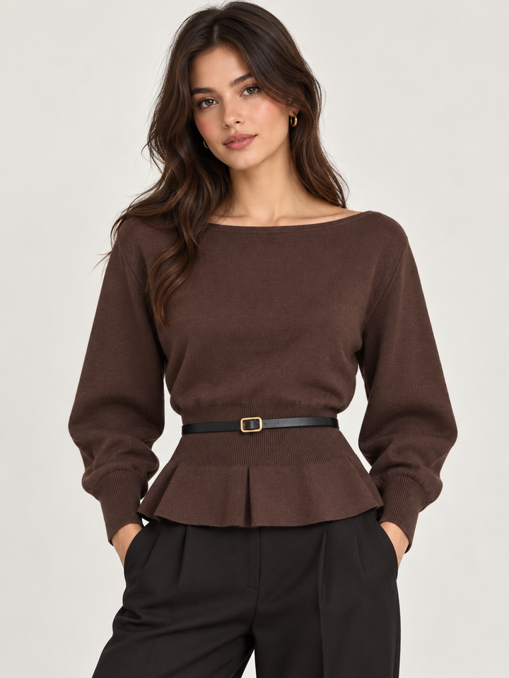 CAMISOLA CASTANHA COM CINTURA AJUSTADA FOLHO E CINTO PONTO CHIC