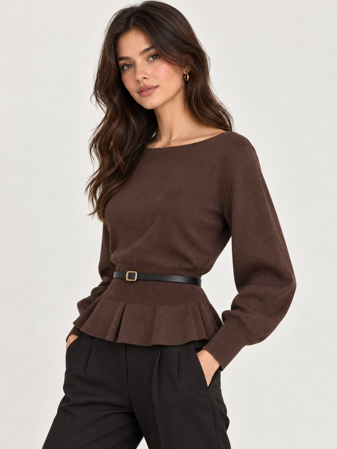 CAMISOLA CASTANHA COM CINTURA AJUSTADA FOLHO E CINTO PONTO CHIC