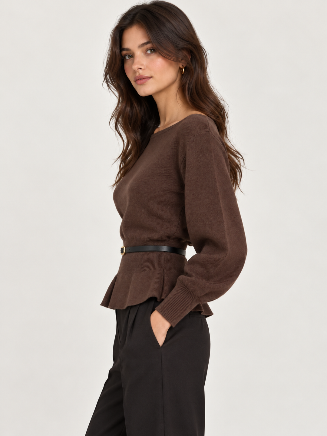 CAMISOLA CASTANHA COM CINTURA AJUSTADA FOLHO E CINTO PONTO CHIC