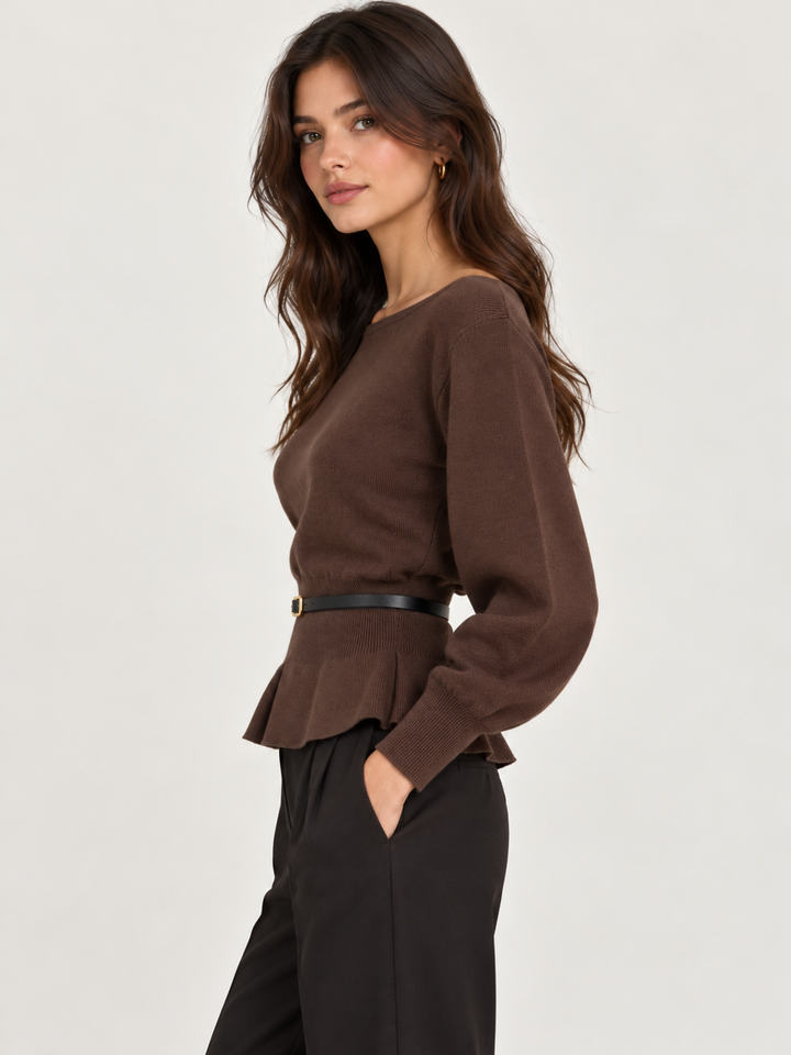 CAMISOLA CASTANHA COM CINTURA AJUSTADA FOLHO E CINTO PONTO CHIC