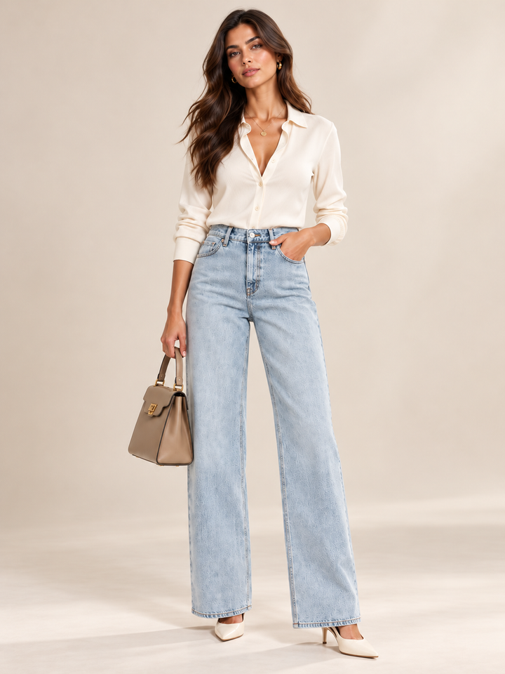 CALÇA JEANS AZUL CLARO WIDE LEG RINASCIMENTO