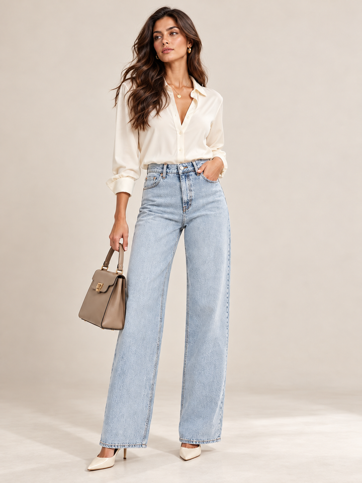 CALÇA JEANS AZUL CLARO WIDE LEG RINASCIMENTO