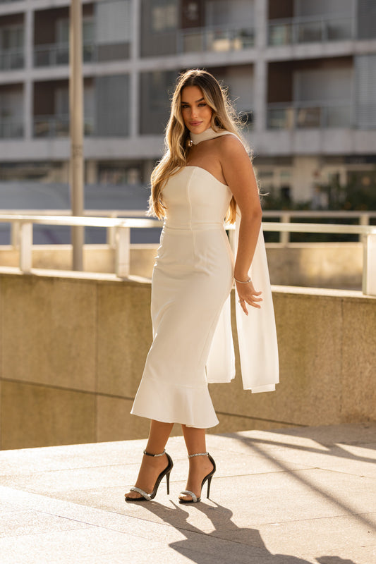 VESTIDO MIDI BRANCO COM FOLHO PONTO CHIC PREMIUM