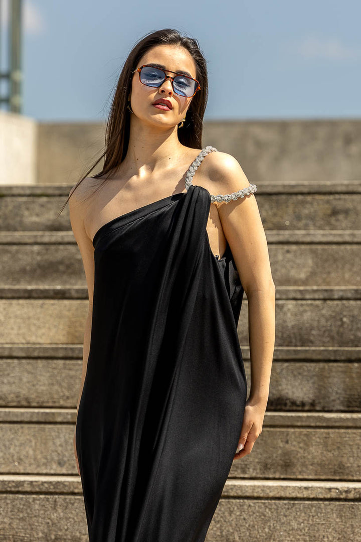 VESTIDO LONGO ACETINADO PRETO DE OMBRO EM BRILHO ELEH