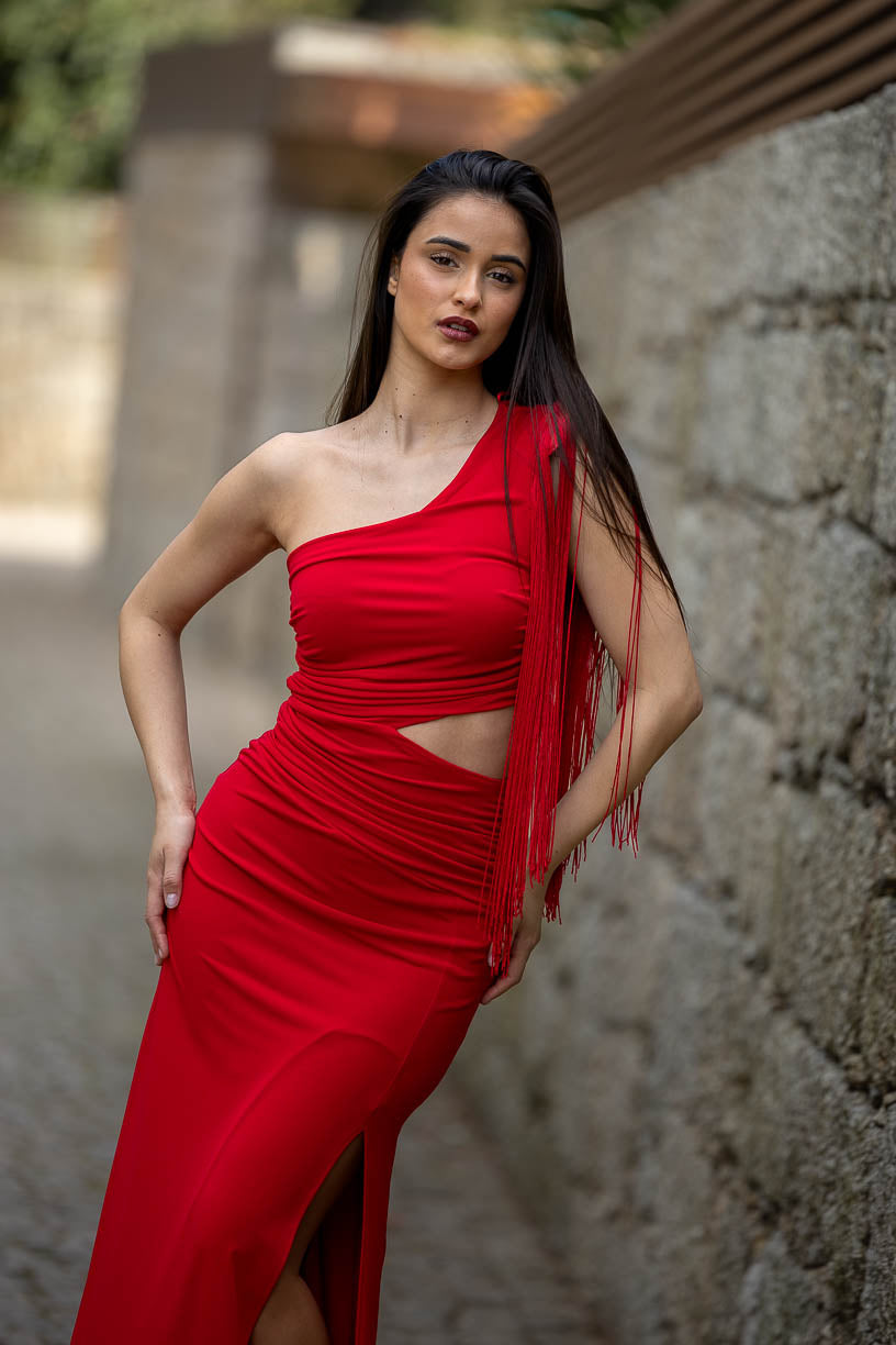 VESTIDO COMPRIDO COM FRANJAS PONTO CHIC