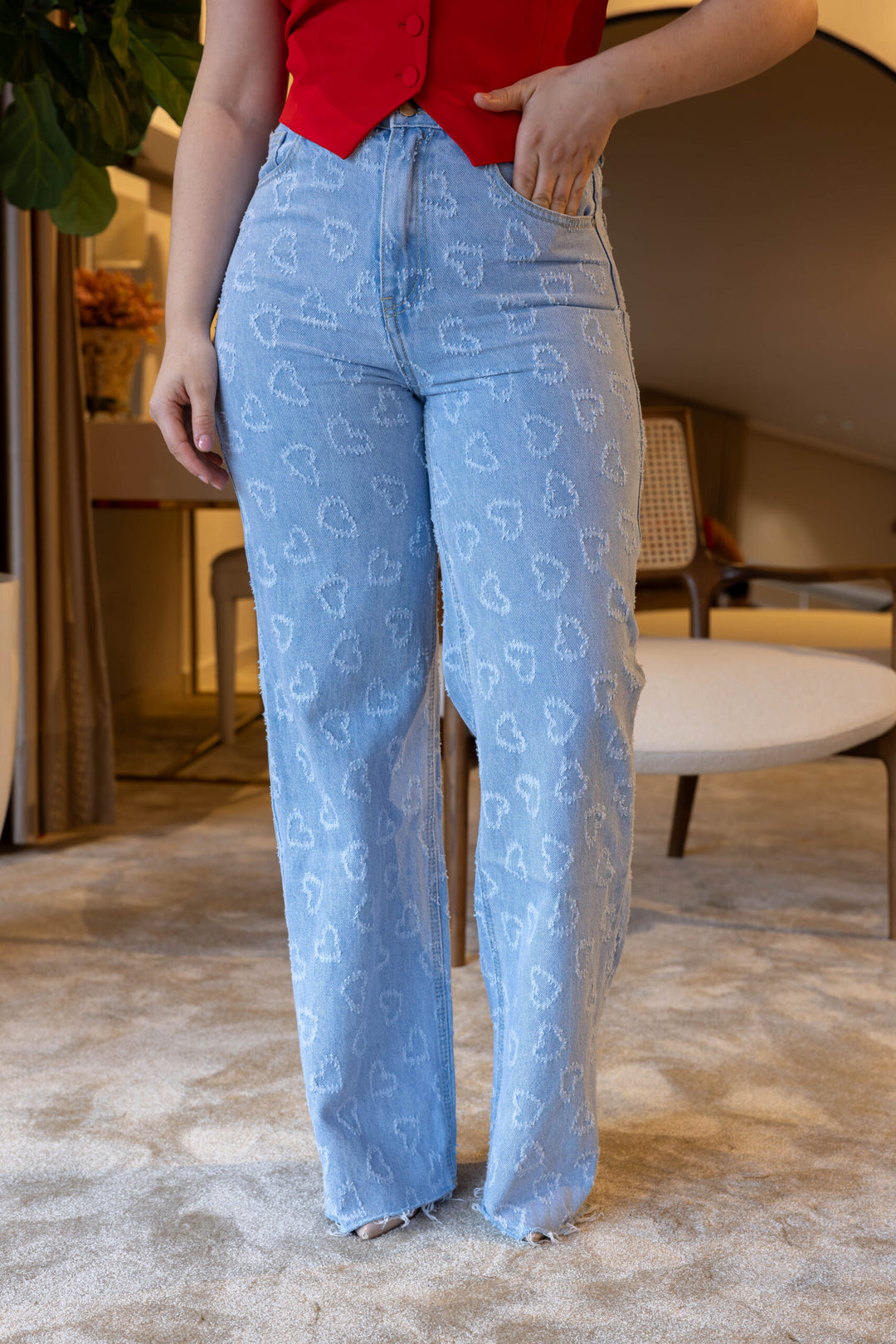 CALÇA GANGA WIDE LEG CORAÇÕES PONTO CHIC