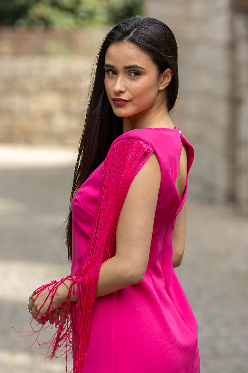 VESTIDO CURTO COM FRANJAS FUXIA PONTO CHIC