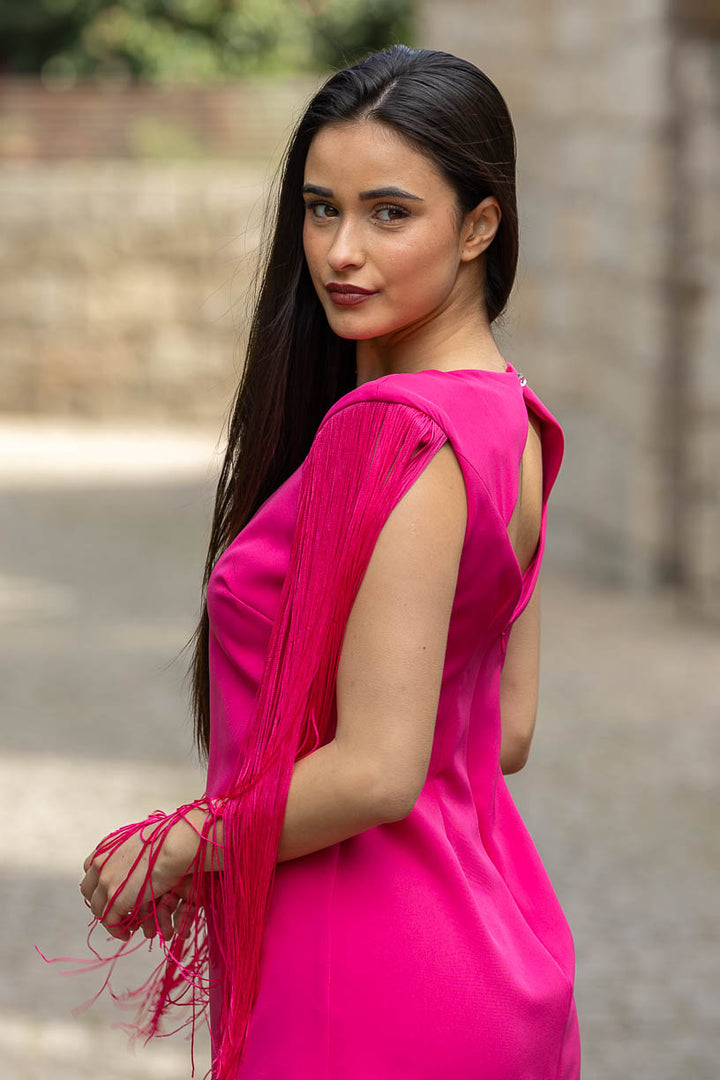 VESTIDO CURTO COM FRANJAS FUXIA PONTO CHIC