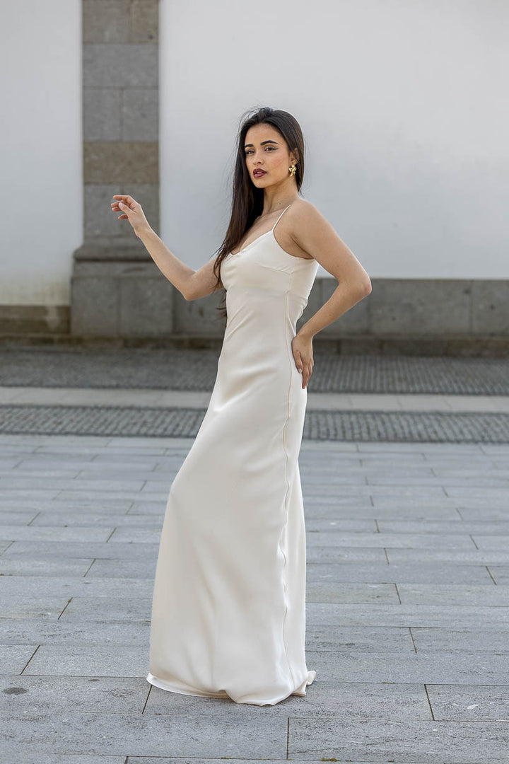 VESTIDO LONGO ACETINADO BEGE ELEH