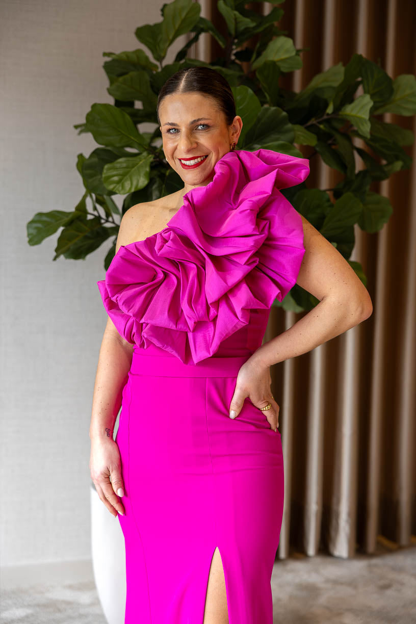 VESTIDO COMPRIDO COM FOLHO ROSA PONTO CHIC