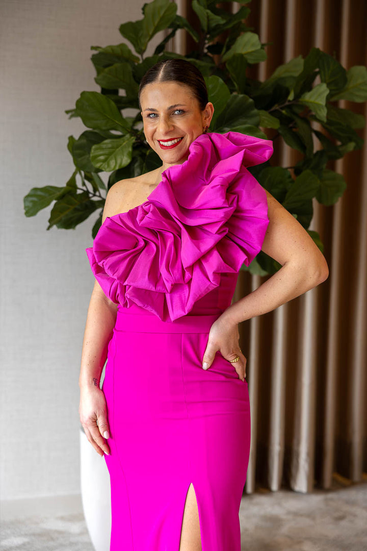 VESTIDO COMPRIDO COM FOLHO ROSA PONTO CHIC