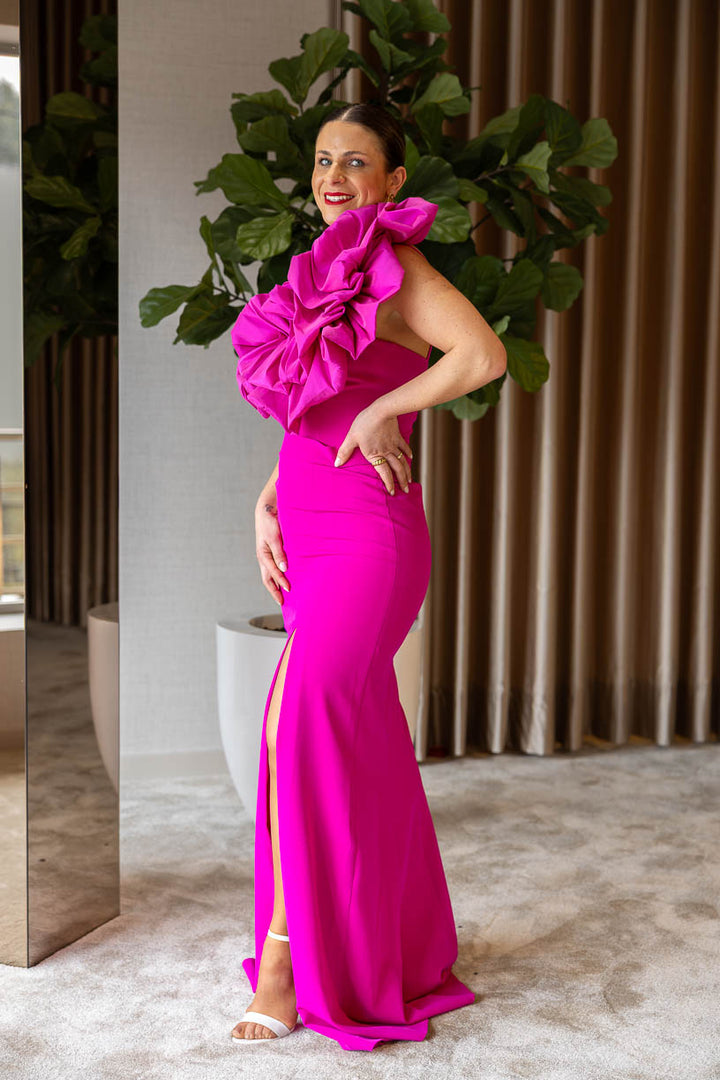 VESTIDO COMPRIDO COM FOLHO ROSA PONTO CHIC