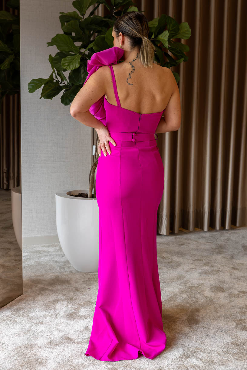 VESTIDO COMPRIDO COM FOLHO ROSA PONTO CHIC