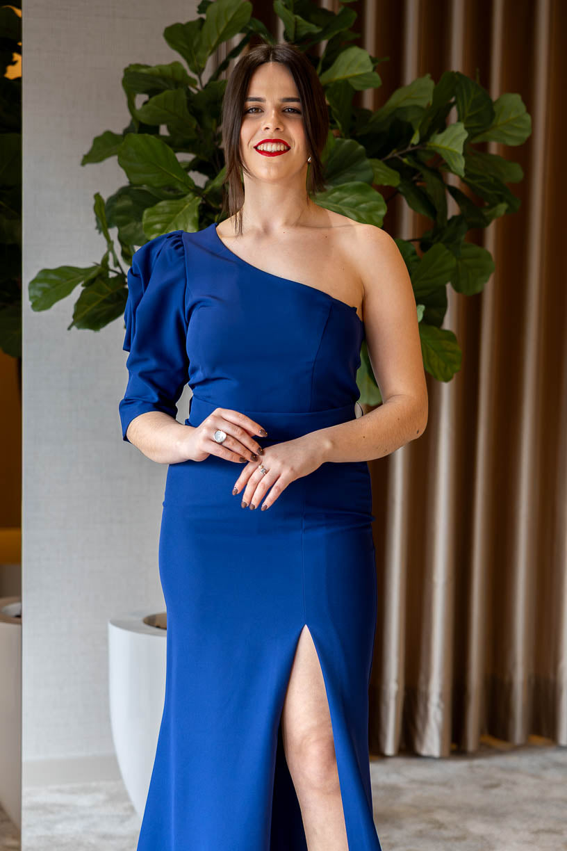 VESTIDO COMPRIDO AZUL COM RACHA PONTO CHIC