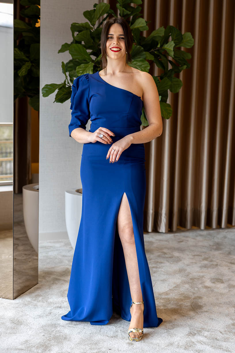 VESTIDO COMPRIDO AZUL COM RACHA PONTO CHIC