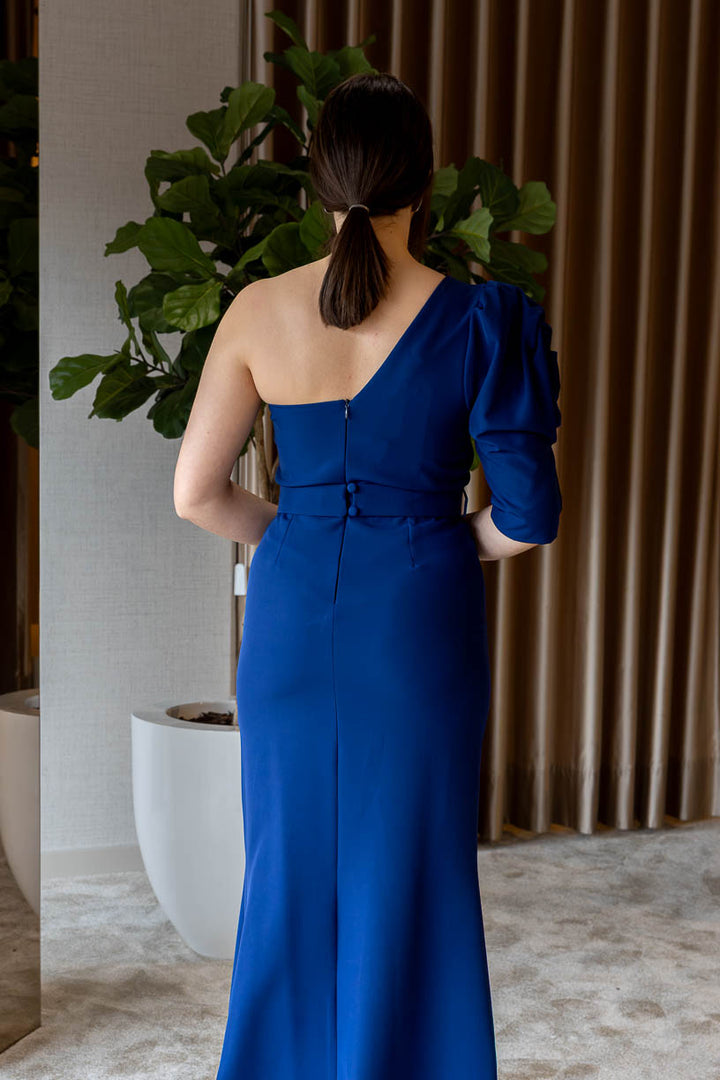 VESTIDO COMPRIDO AZUL COM RACHA PONTO CHIC
