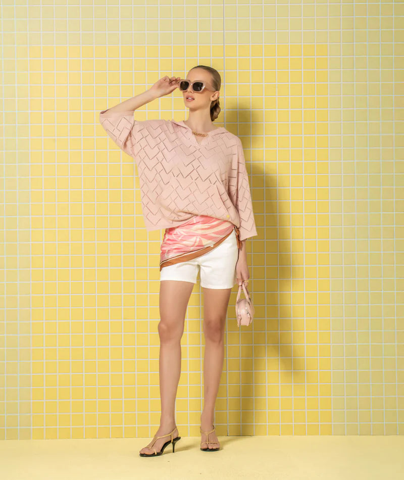 CAMISOLA ROSA COM CAPUZ EM MALHA RENDADA RUGA