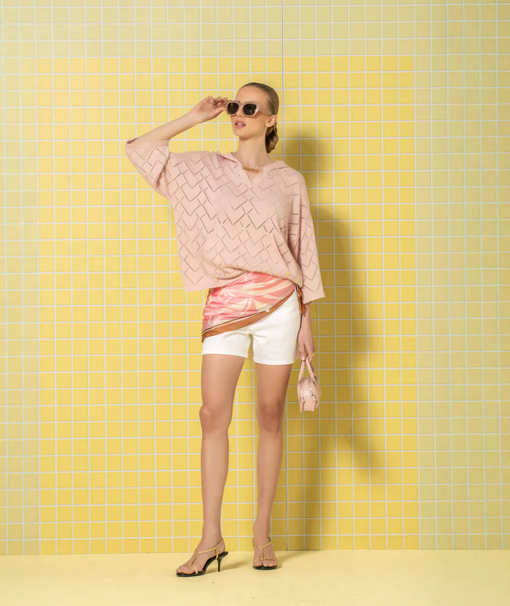 CAMISOLA ROSA COM CAPUZ EM MALHA RENDADA RUGA