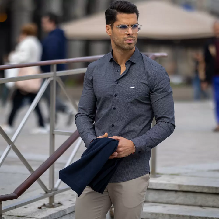 CAMISA GOLA ITALIANA AZUL ESTAMPA TAUPE ZOLF