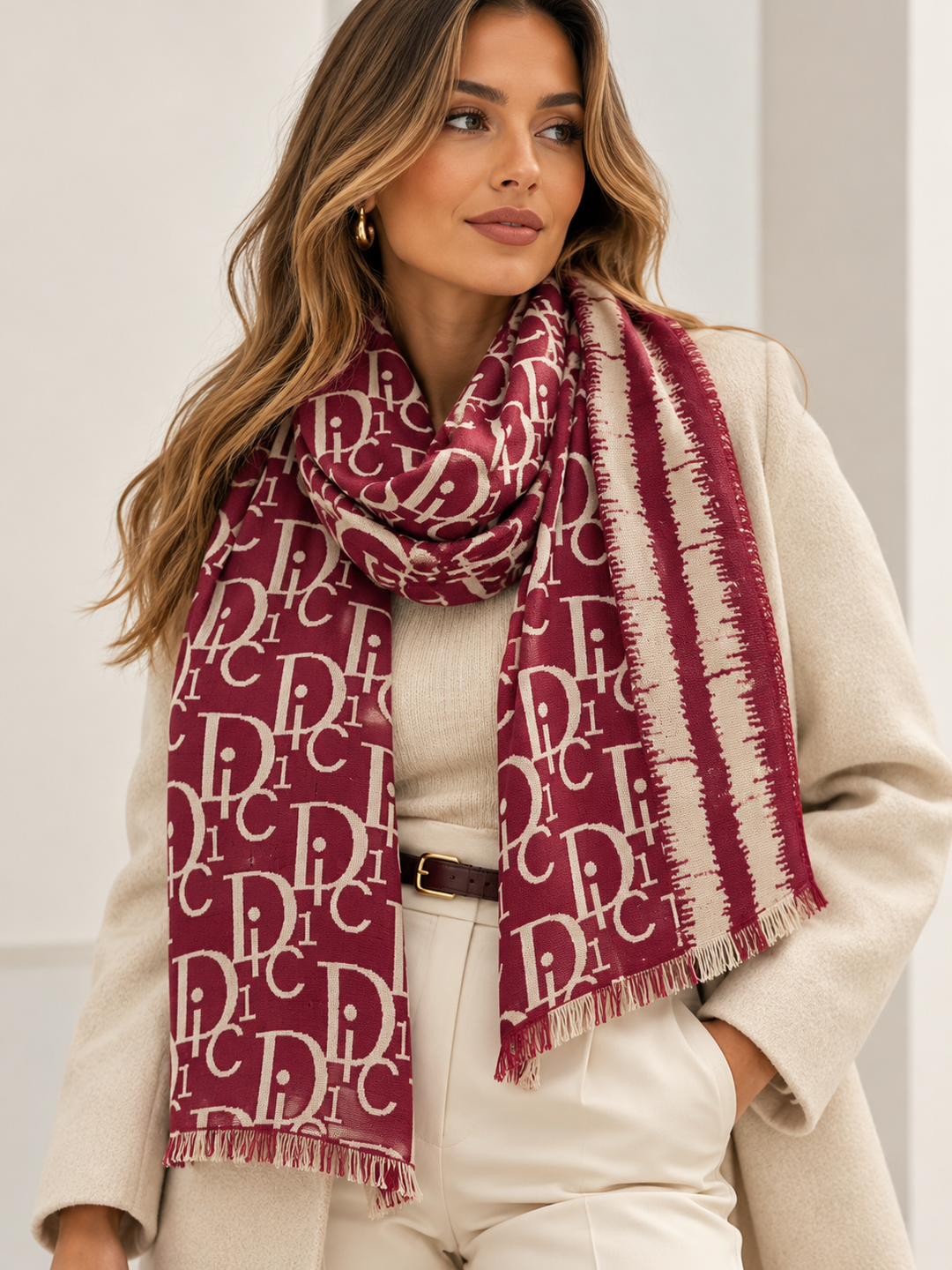 LENÇO ROSA ESCURO COM PADRÃO DE LETRAS E MOLDURA BEGE PONTO CHIC