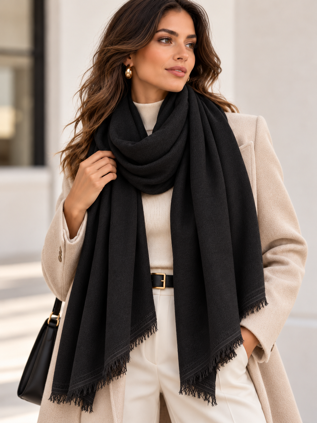 LENÇO ÉCHARPE PRETO LISO PONTO CHIC