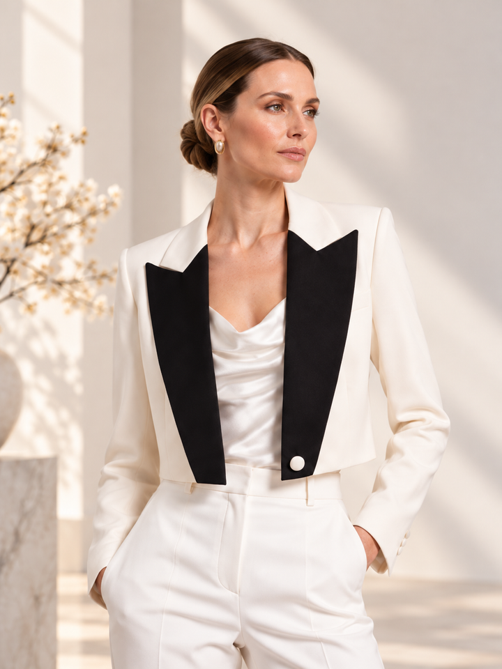 BLAZER CROPPED BRANCO COM LAPELA PRETA IMPERIAL