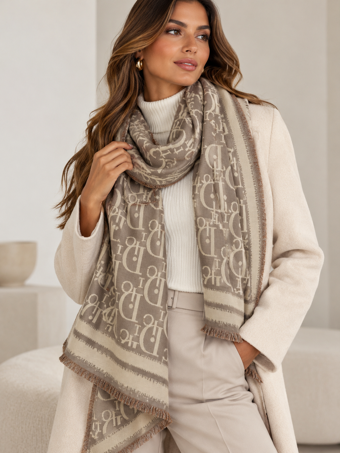 LENÇO TAUPE COM PADRÃO DE LETRAS E MOLDURA BEGE PONTO CHIC