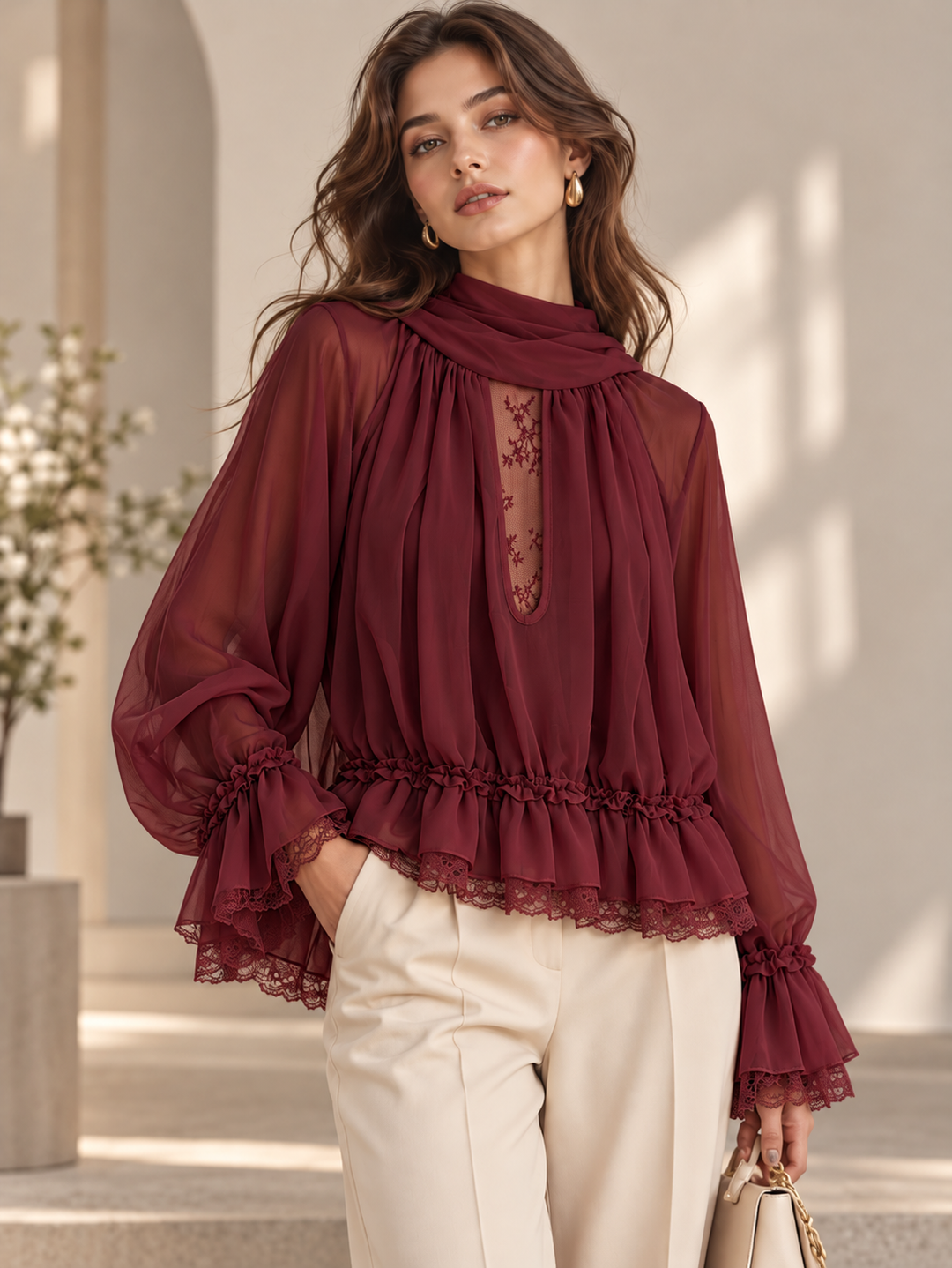 BLUSA BORDÔ FLUIDA COM FOLHOS E DETALHES EM RENDA PONTO CHIC