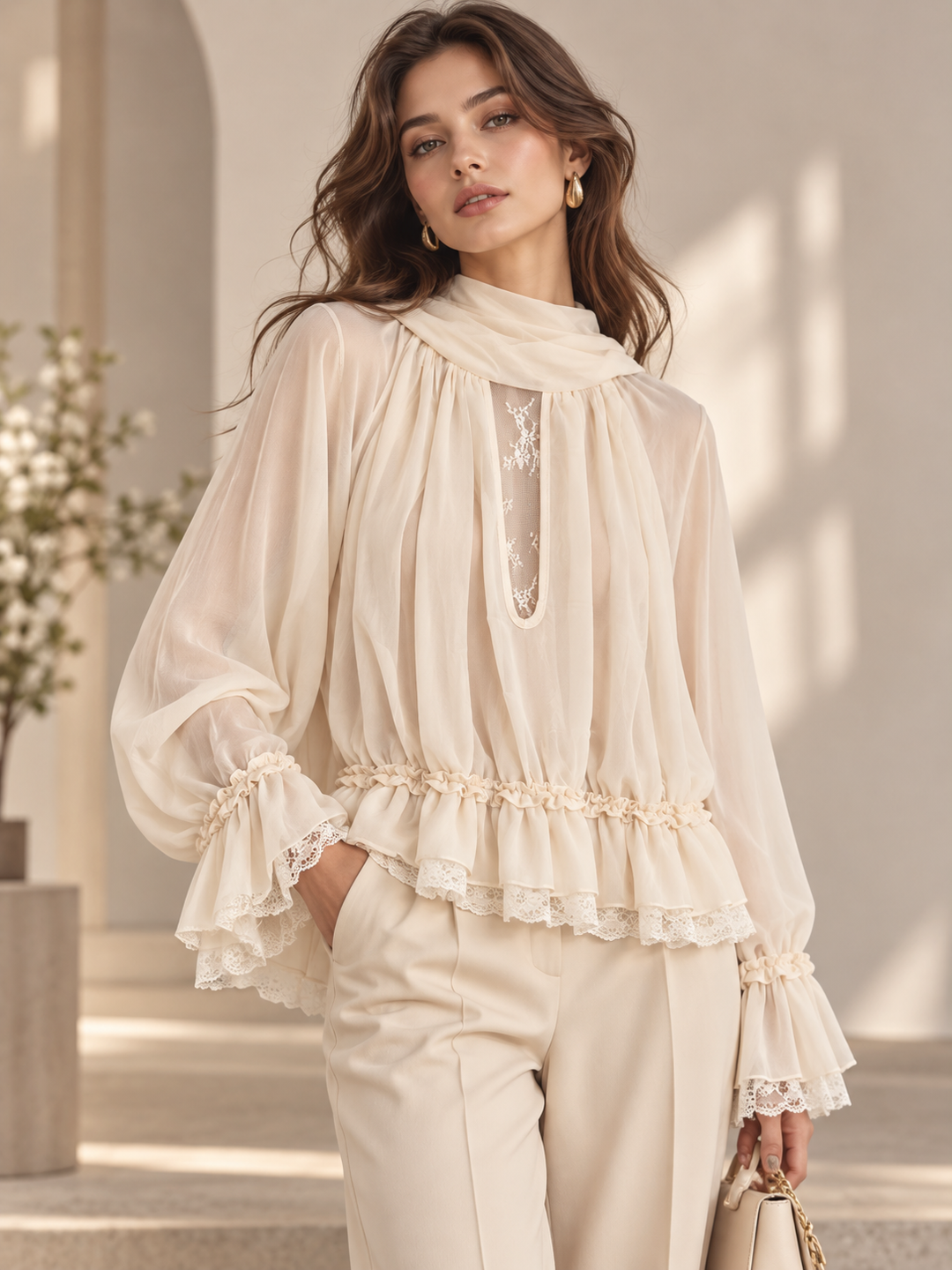 BLUSA CREME FLUIDA COM FOLHOS E DETALHES EM RENDA PONTO CHIC